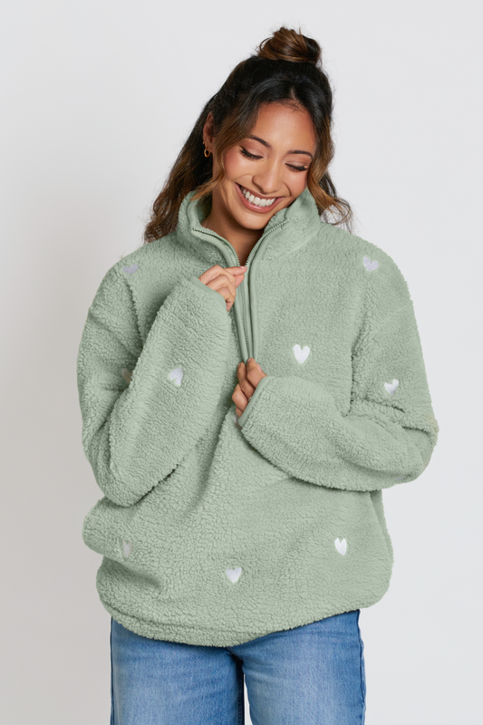 O&F Sage Heart Embroidered Borg Fleece