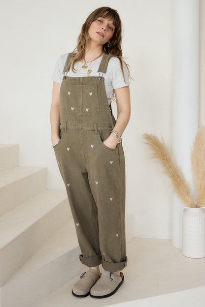 O&F Heart Embroidered Dungarees - Khaki