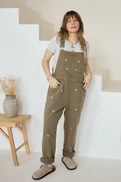 O&F Heart Embroidered Dungarees - Khaki