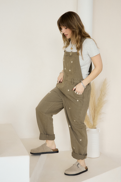 O&F Heart Embroidered Dungarees - Khaki