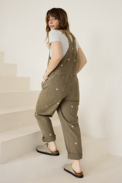 O&F Heart Embroidered Dungarees - Khaki