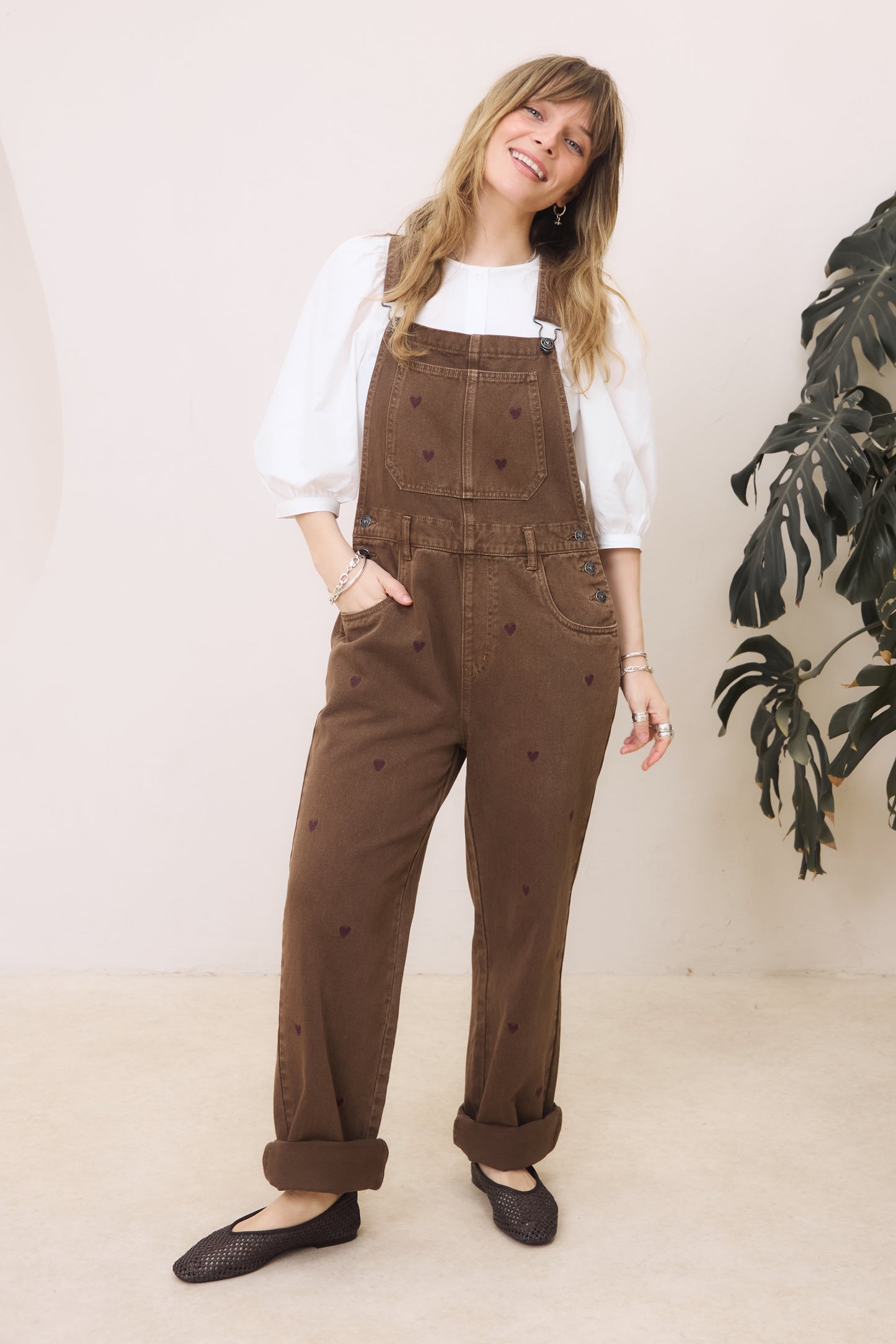O&F Heart Embroidered Dungarees - Chocolate