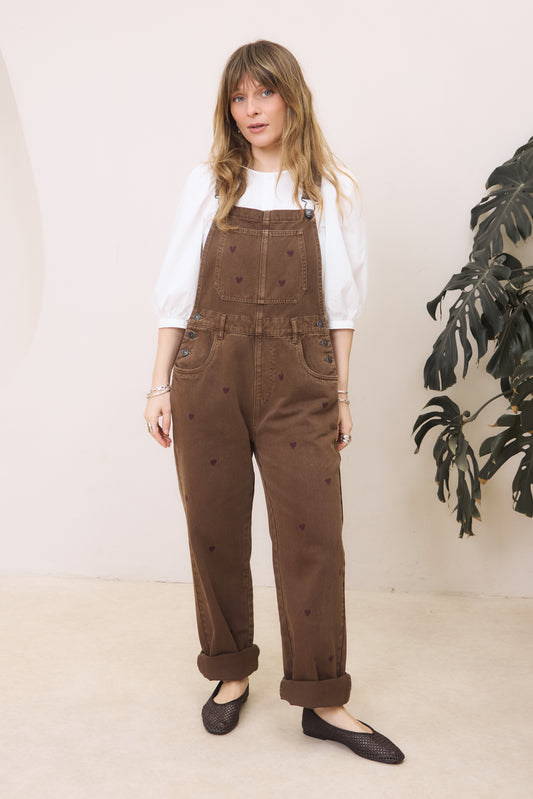 O&F Heart Embroidered Dungarees - Chocolate
