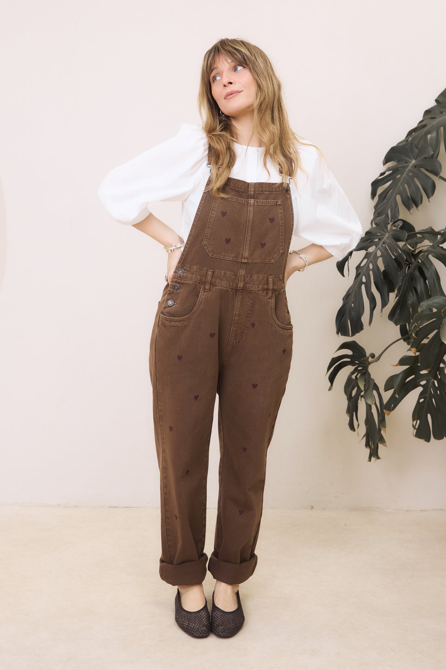 O&F Heart Embroidered Dungarees - Chocolate