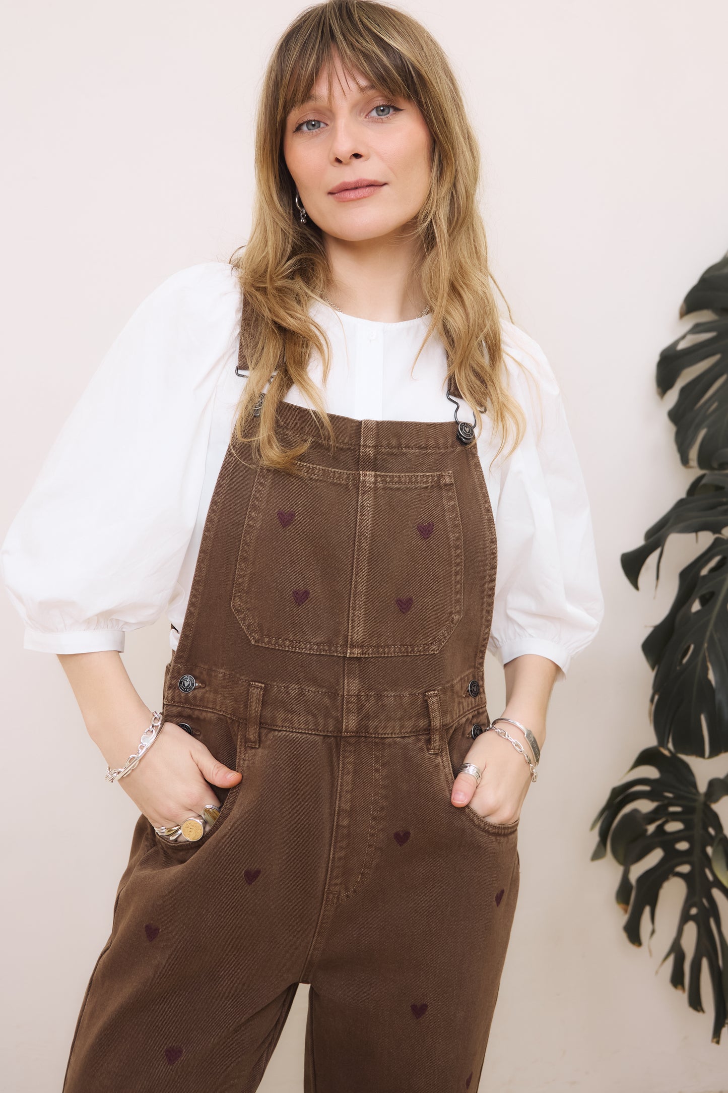 O&F Heart Embroidered Dungarees - Chocolate