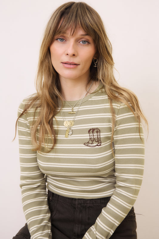 O&F Cowboy Boots Long Sleeve Rib Stripe Tee