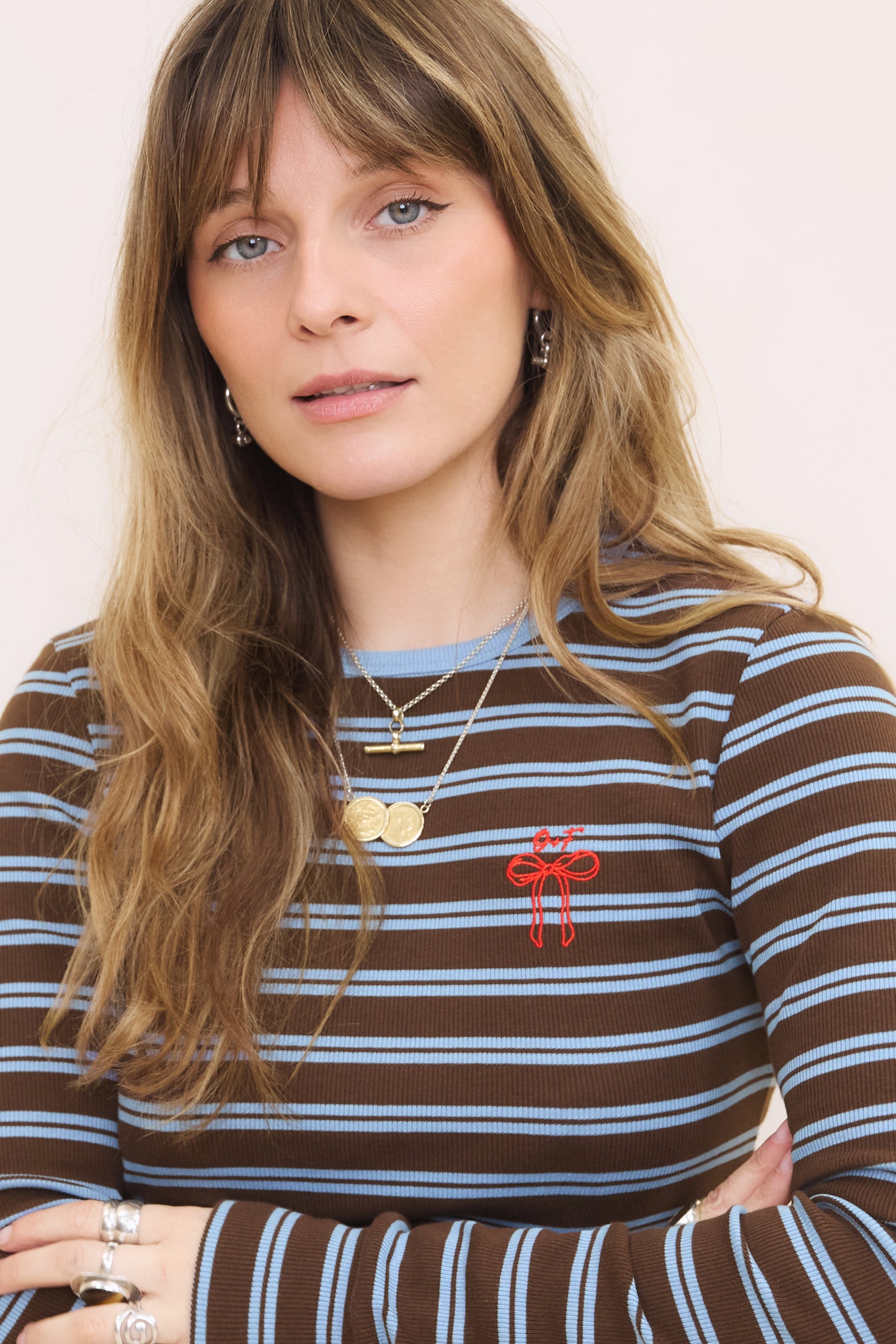 O&F Bow Long Sleeve Rib Stripe Tee