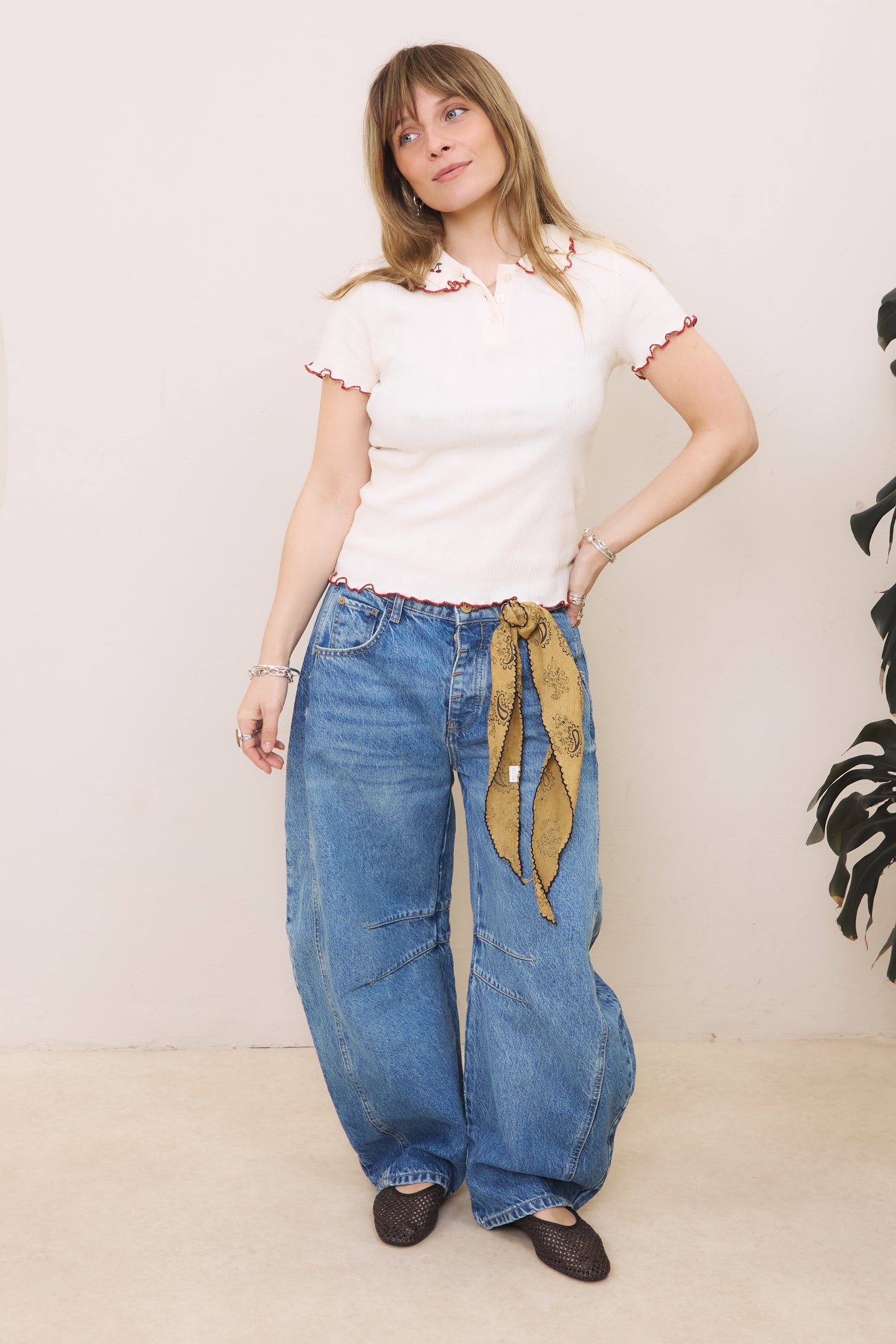 O&F Cherry Collar Polo Top - Cream