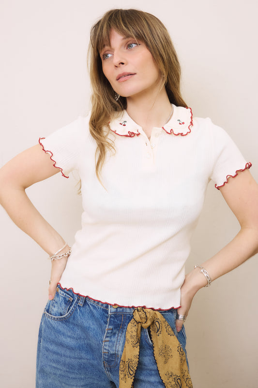 O&F Cherry Collar Polo Top - Cream
