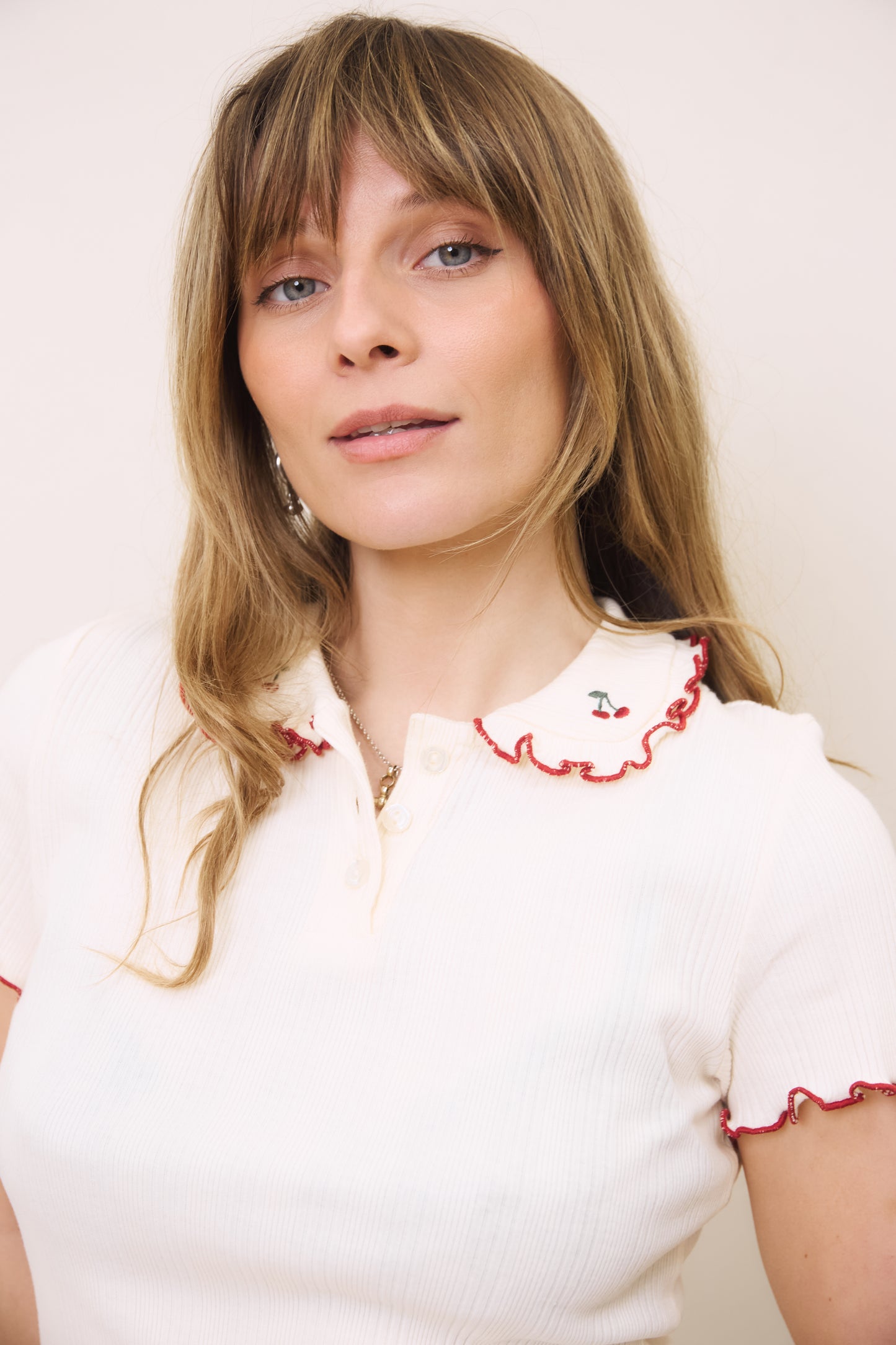 O&F Cherry Collar Polo Top - Cream