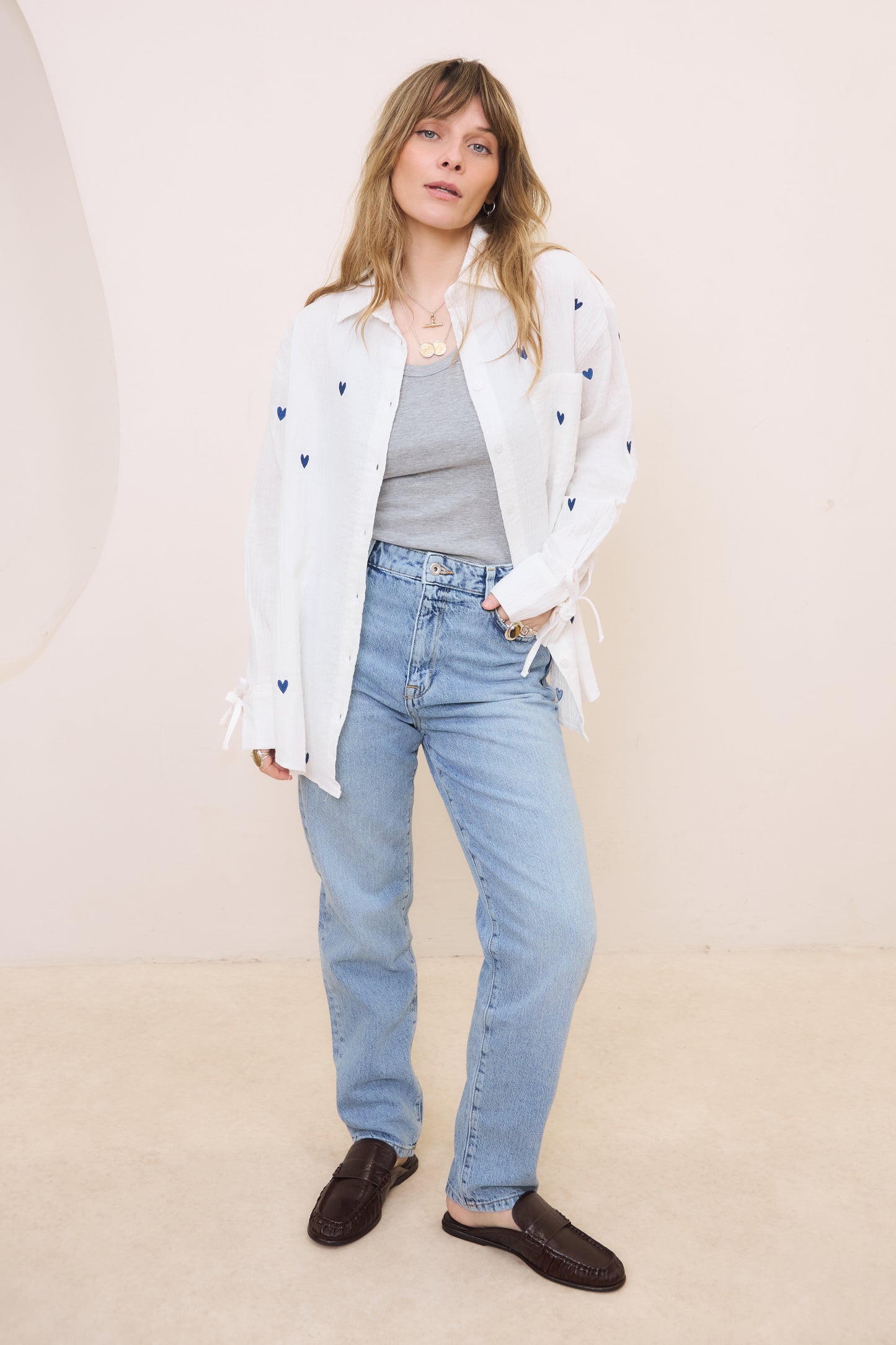 Heart Embroidered Oversized Shirt