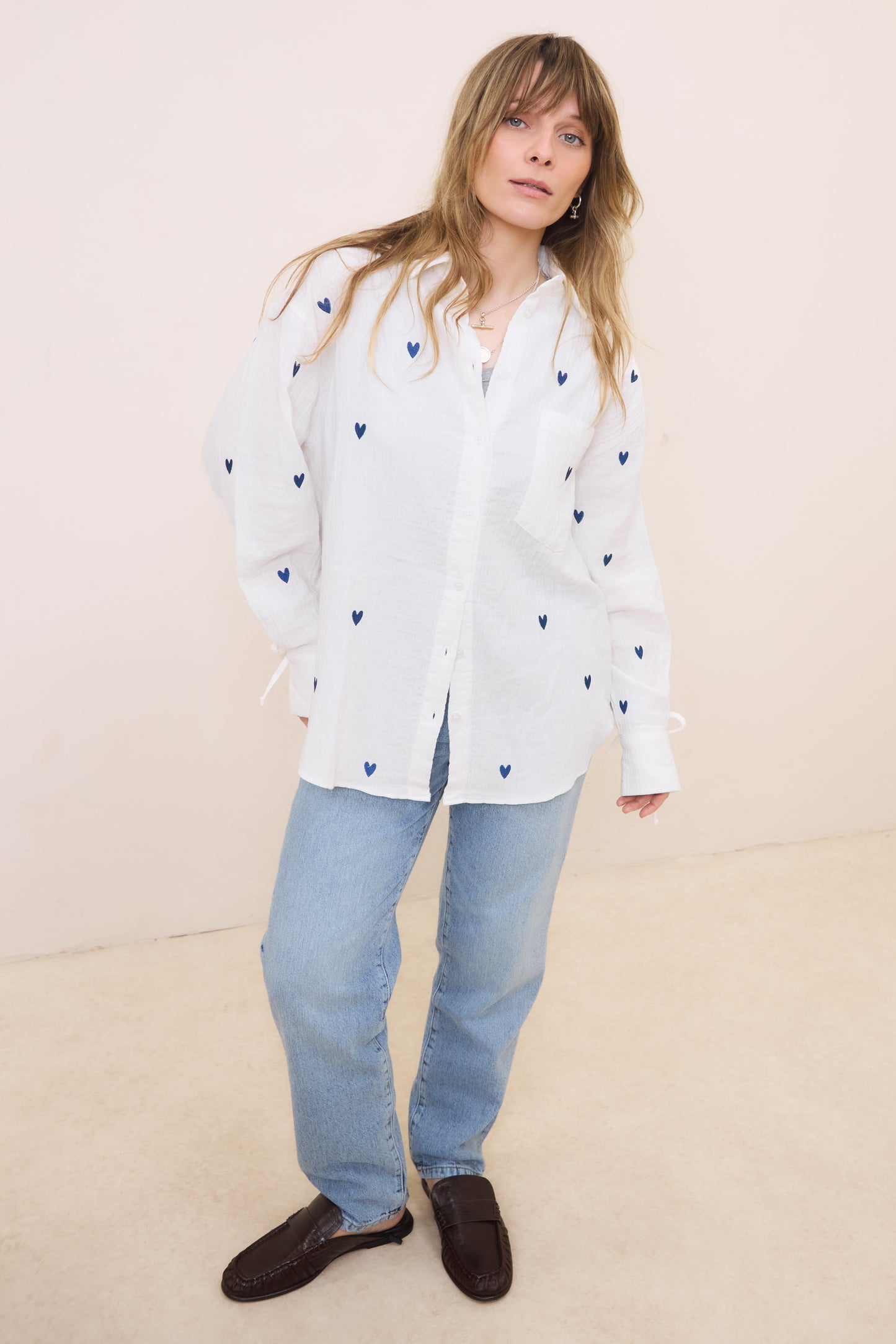 Heart Embroidered Oversized Shirt