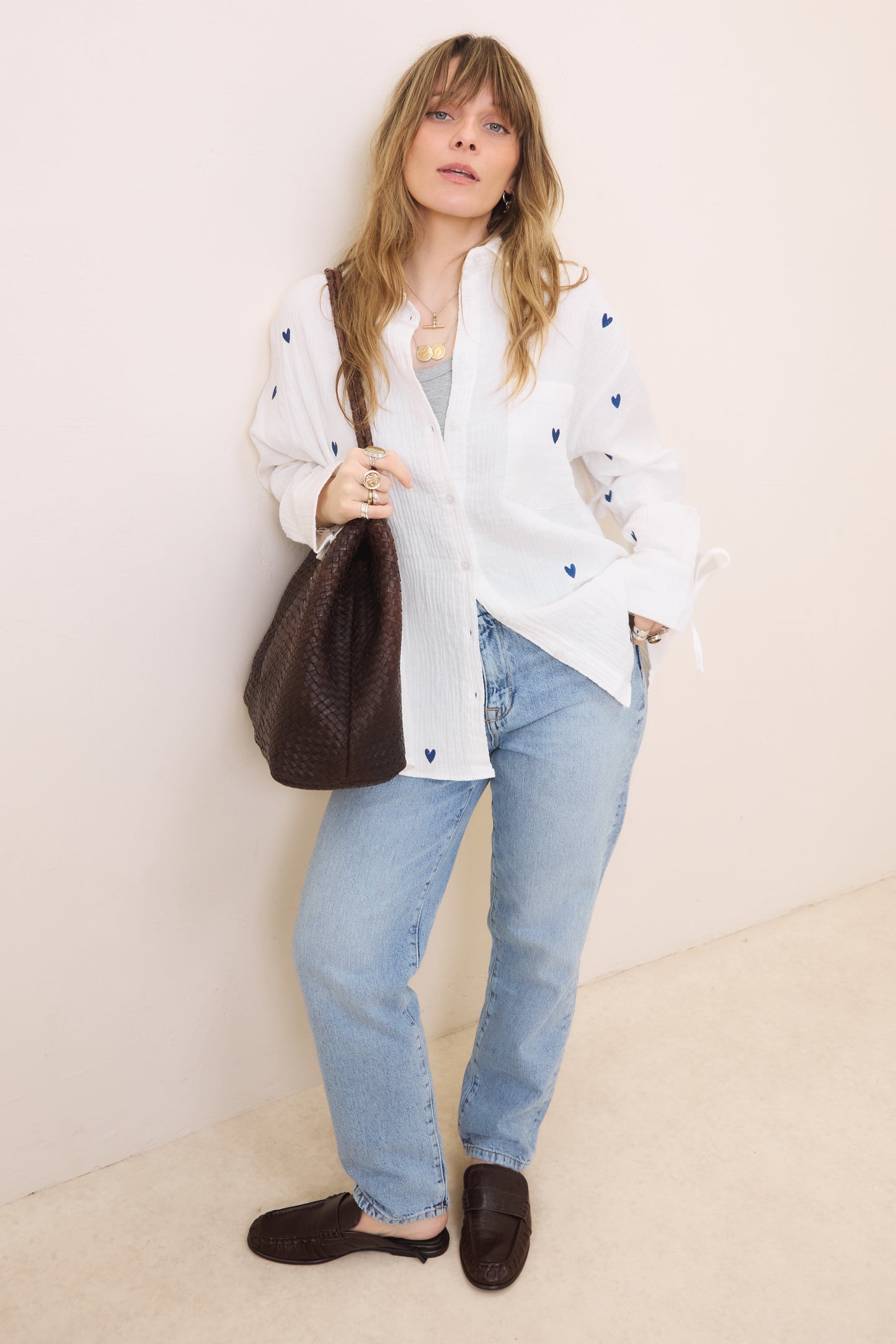 Heart Embroidered Oversized Shirt