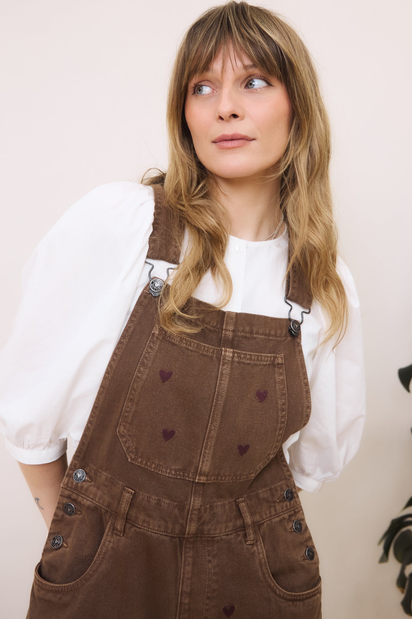 O&F Heart Embroidered Dungarees - Chocolate