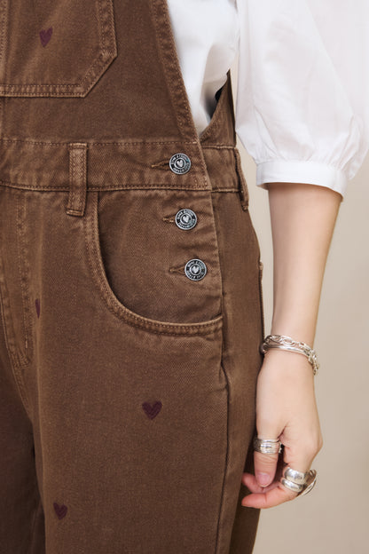 O&F Heart Embroidered Dungarees - Chocolate