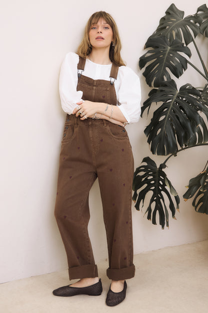 O&F Heart Embroidered Dungarees - Chocolate