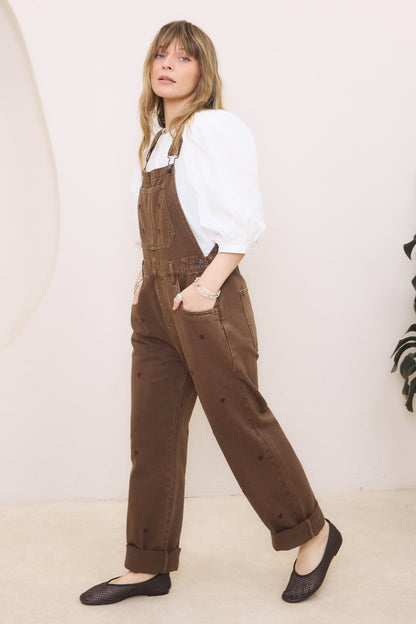 O&F Heart Embroidered Dungarees - Chocolate