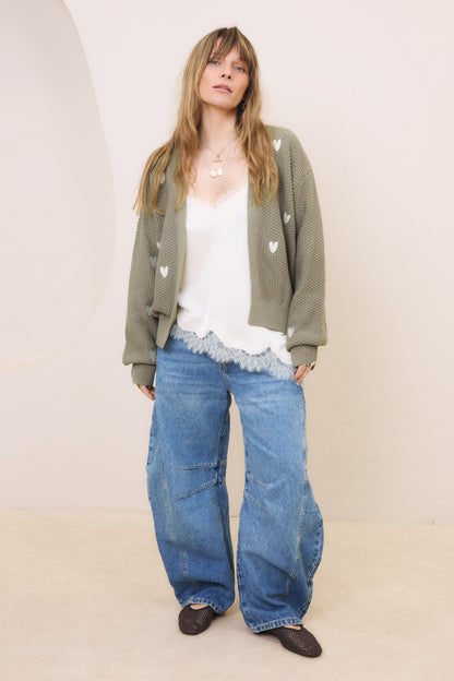 O&F Heart Embroidered Cardigan - Sage