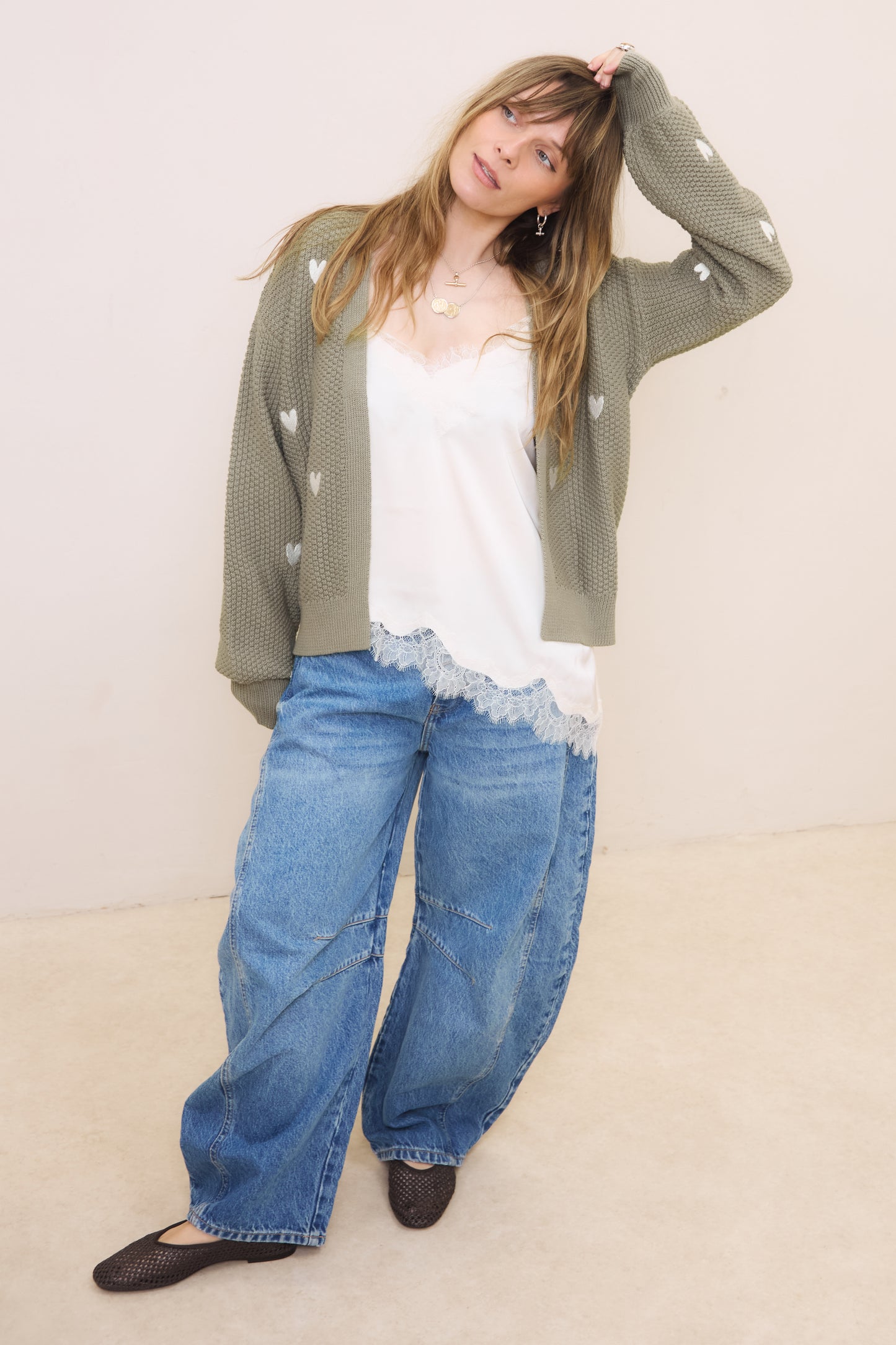 O&F Heart Embroidered Cardigan - Sage