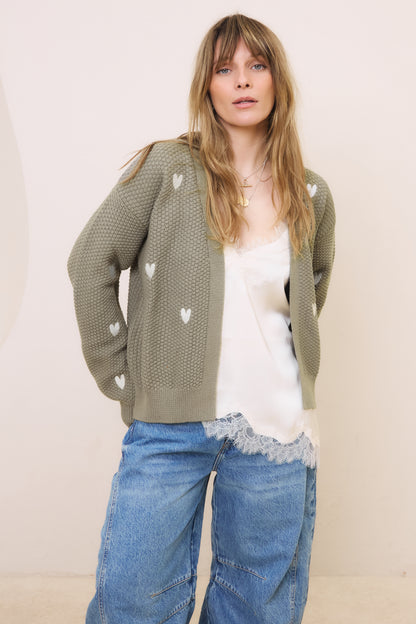 O&F Heart Embroidered Cardigan - Sage