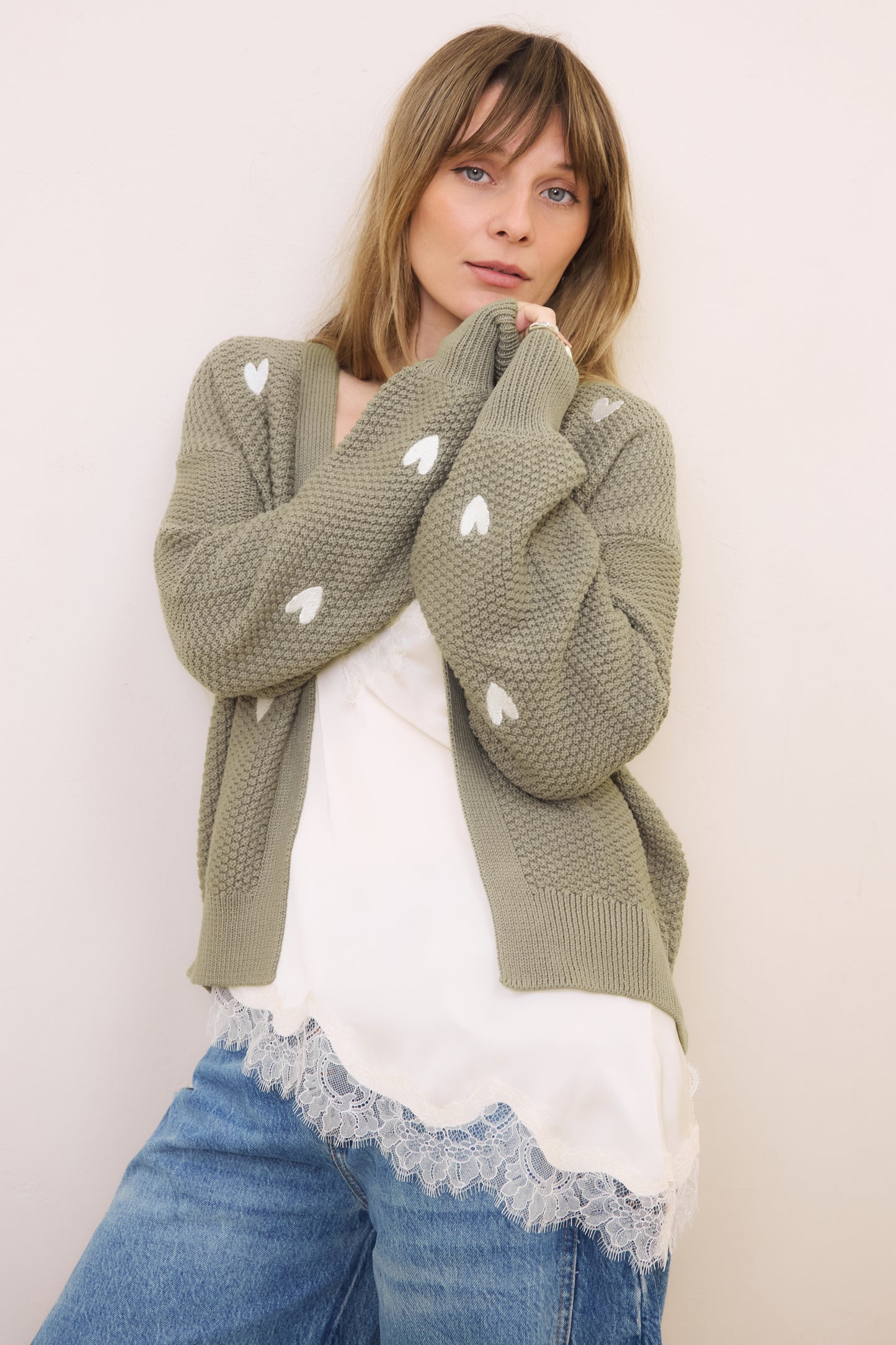 O&F Heart Embroidered Cardigan - Sage