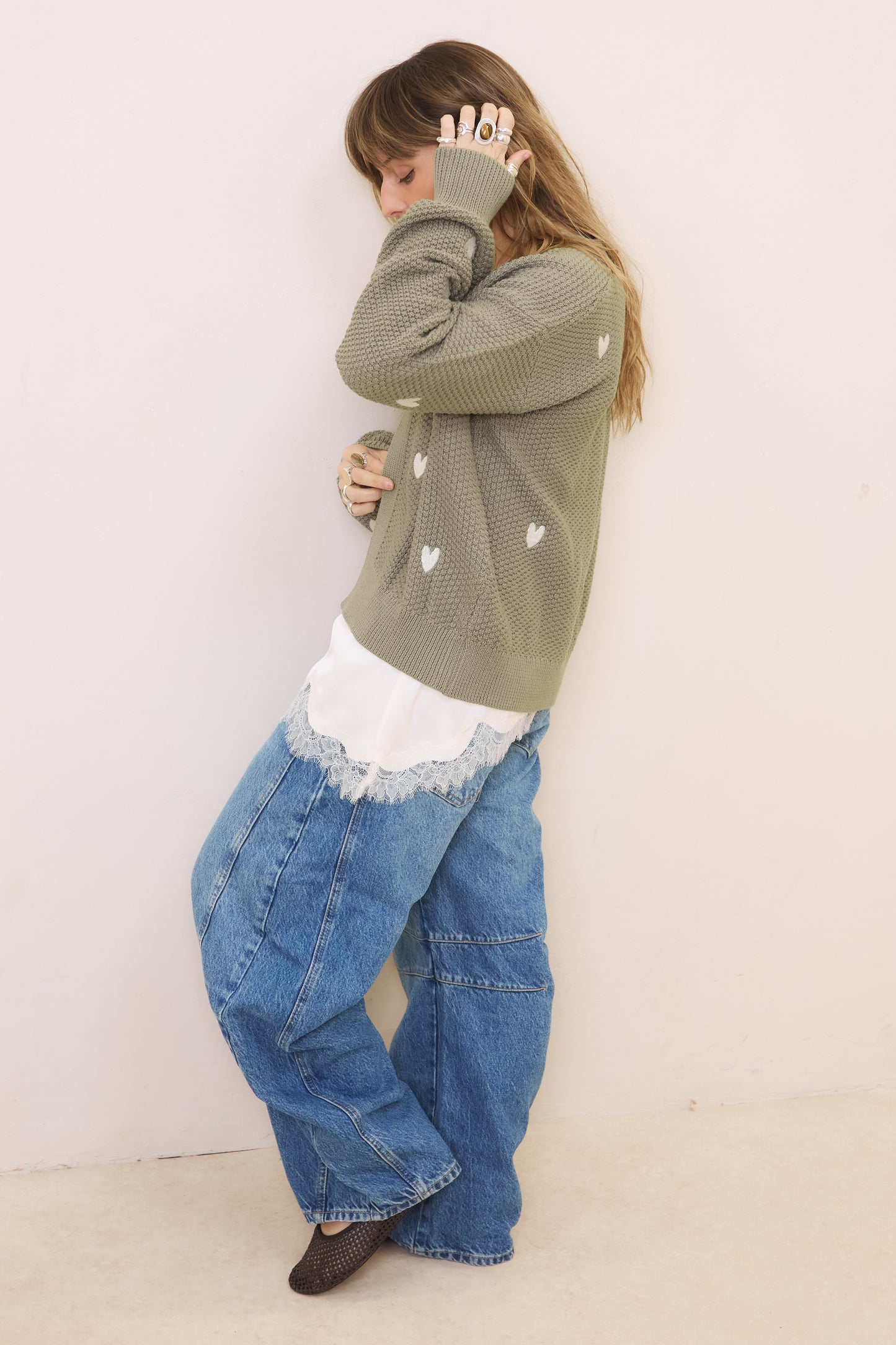 O&F Heart Embroidered Cardigan - Sage