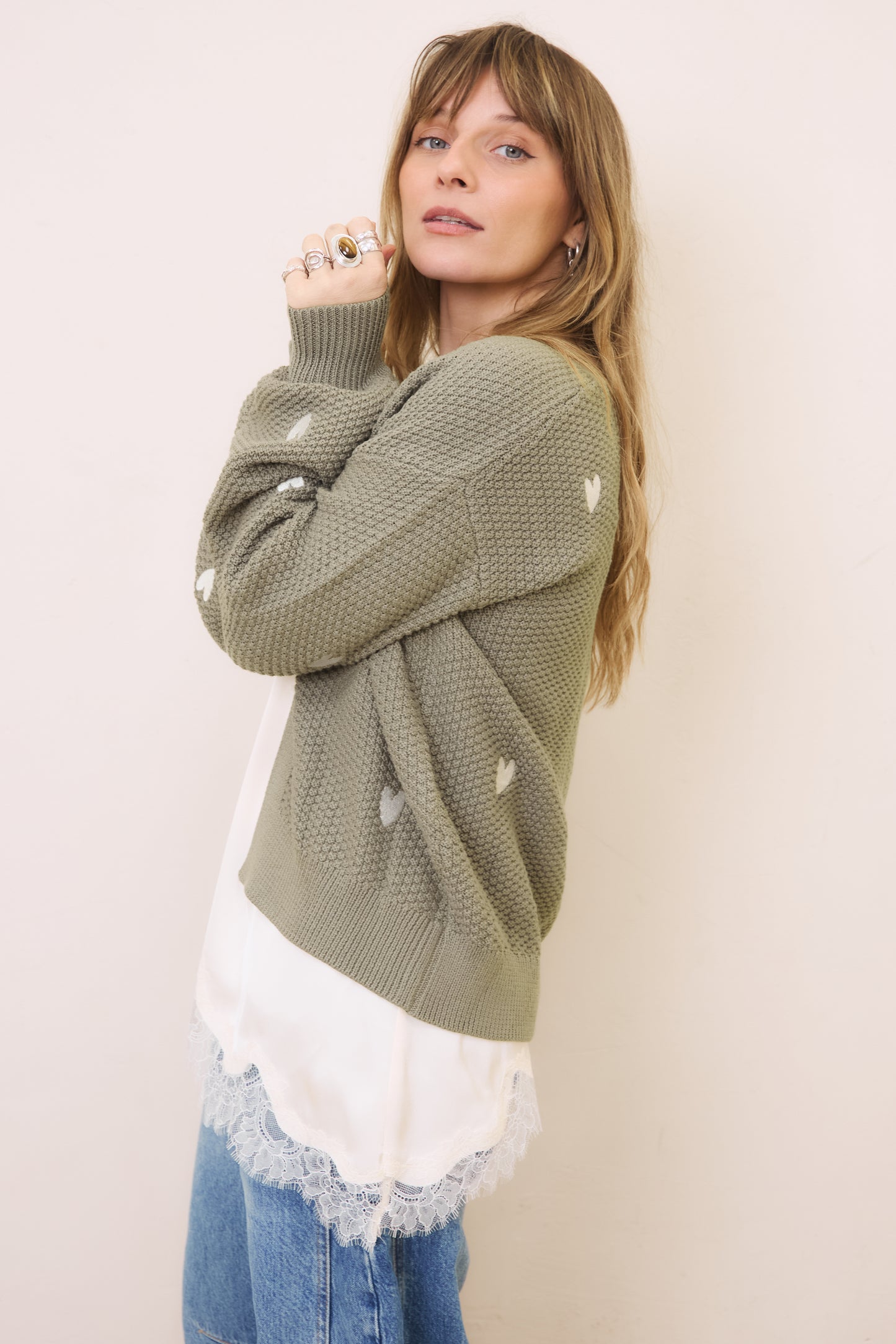 O&F Heart Embroidered Cardigan - Sage