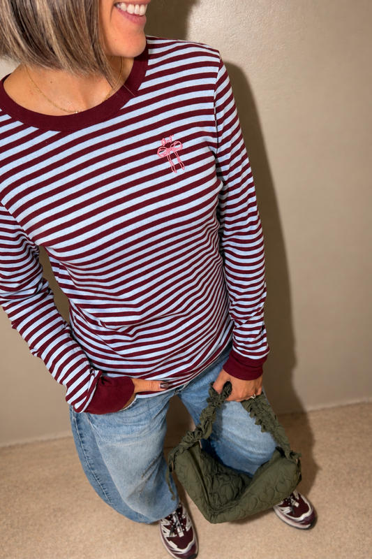 O&F Bow Embroidered Long Sleeve Breton Tee
