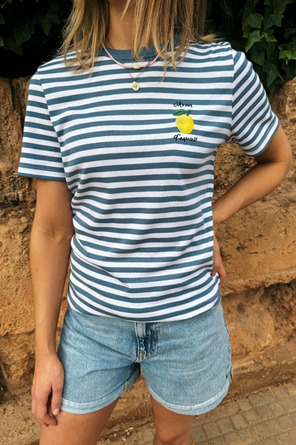 O&F Lemon Embroidered Short Sleeve Breton Tee