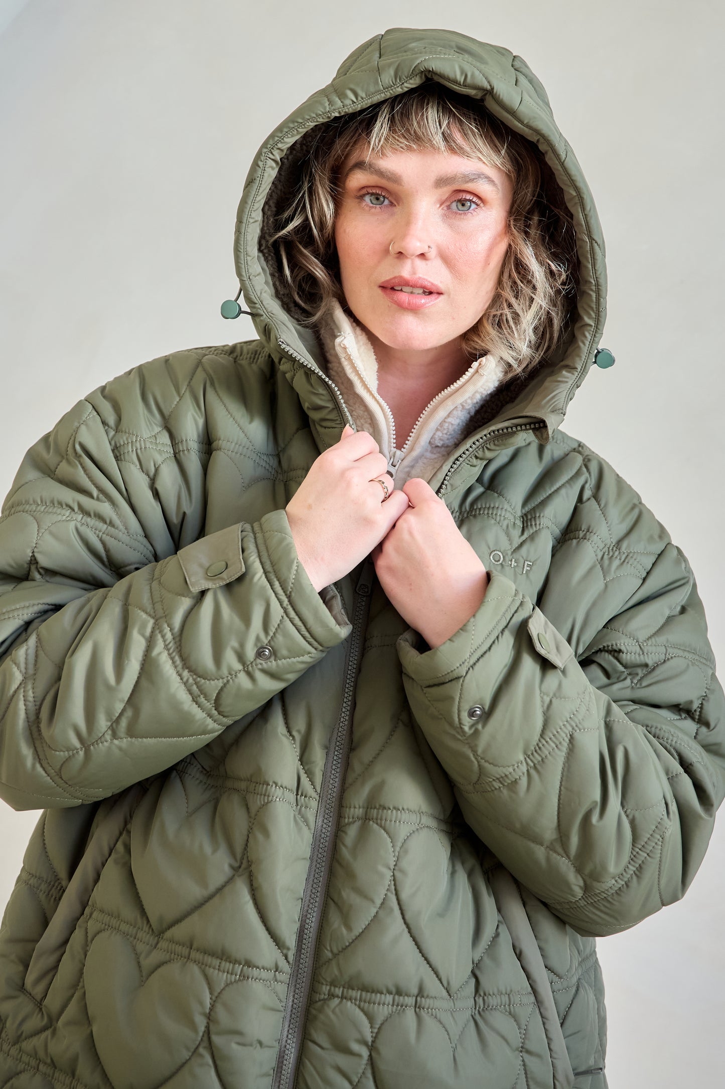 O&F Heart Quilted Long Line Coat