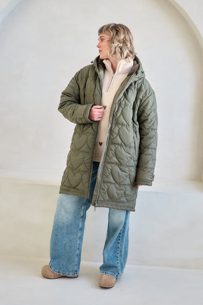 O&F Heart Quilted Long Line Coat