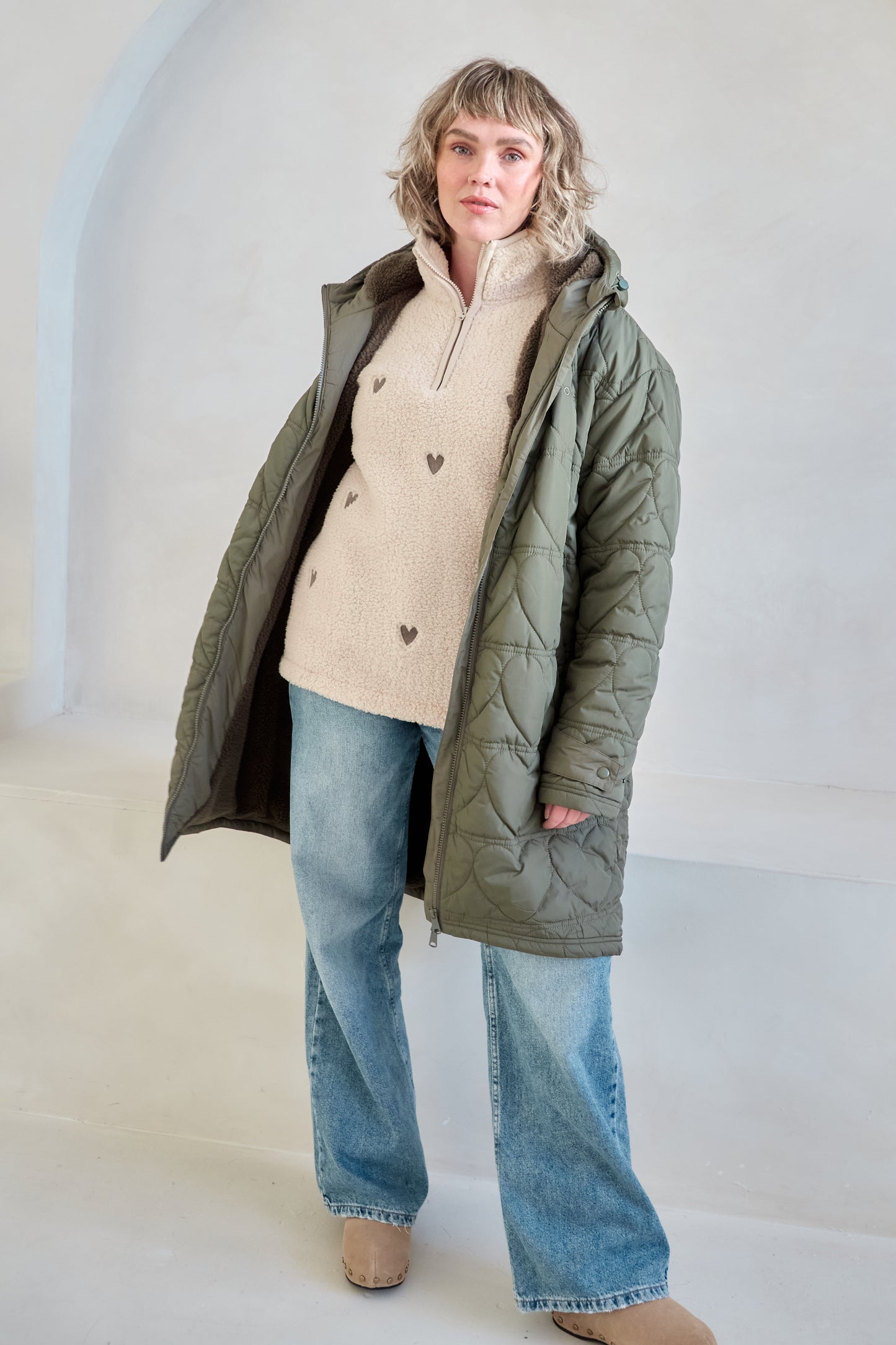 O&F Heart Quilted Long Line Coat