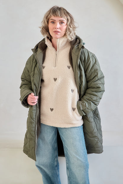 O&F Heart Quilted Long Line Coat