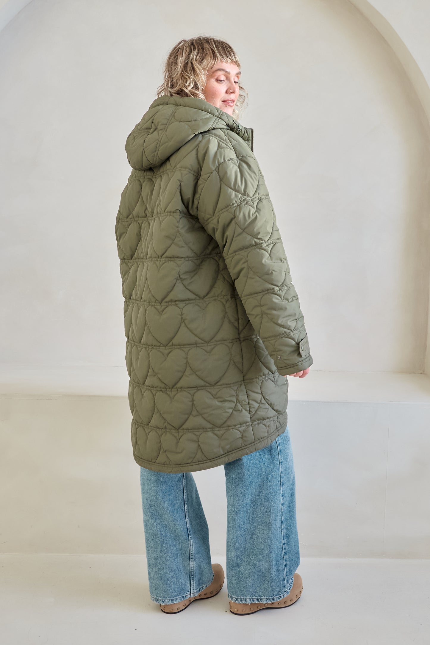 O&F Heart Quilted Long Line Coat