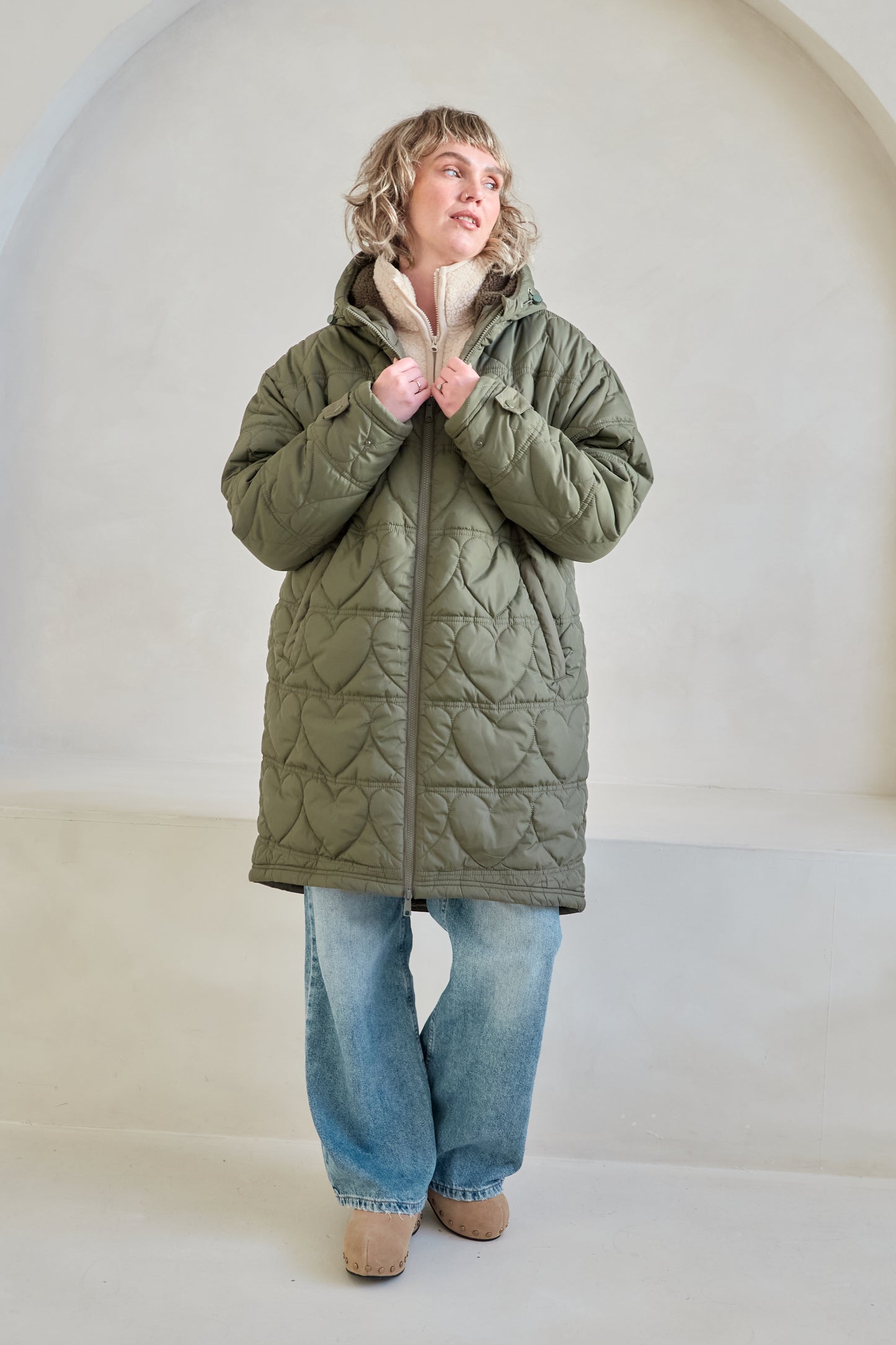 O&F Heart Quilted Long Line Coat