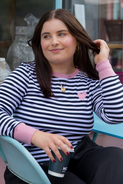 O&F Heart Embroidered Breton - Navy/Dusty Pink