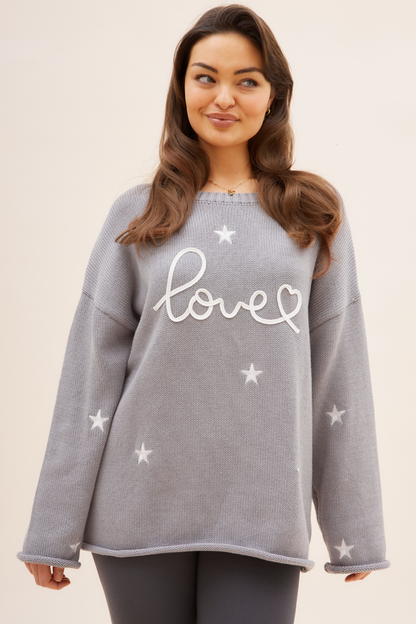 O&F Love Embroidered Jumper - Grey