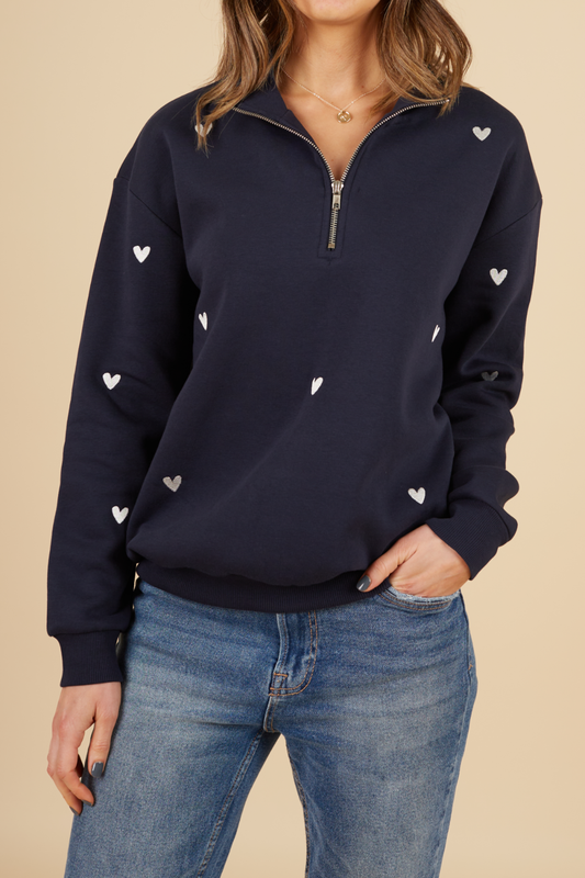 O&F Navy Heart Embroidered Half Zip Sweatshirt