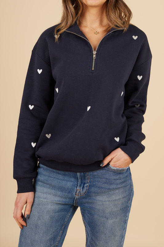 O&F Navy Heart Embroidered Quarter Zip Sweatshirt