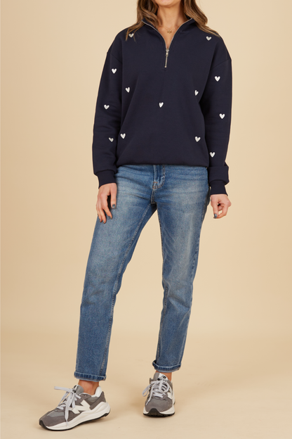O&F Navy Heart Embroidered Quarter Zip Sweatshirt