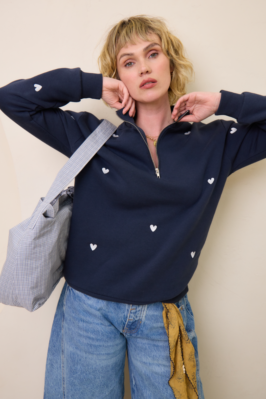 O&F Navy Heart Embroidered Quarter Zip Sweatshirt
