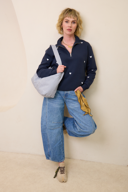 O&F Navy Heart Embroidered Quarter Zip Sweatshirt