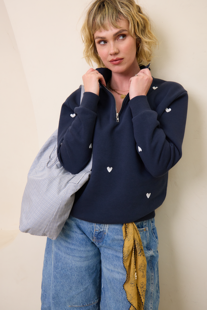 O&F Navy Heart Embroidered Quarter Zip Sweatshirt