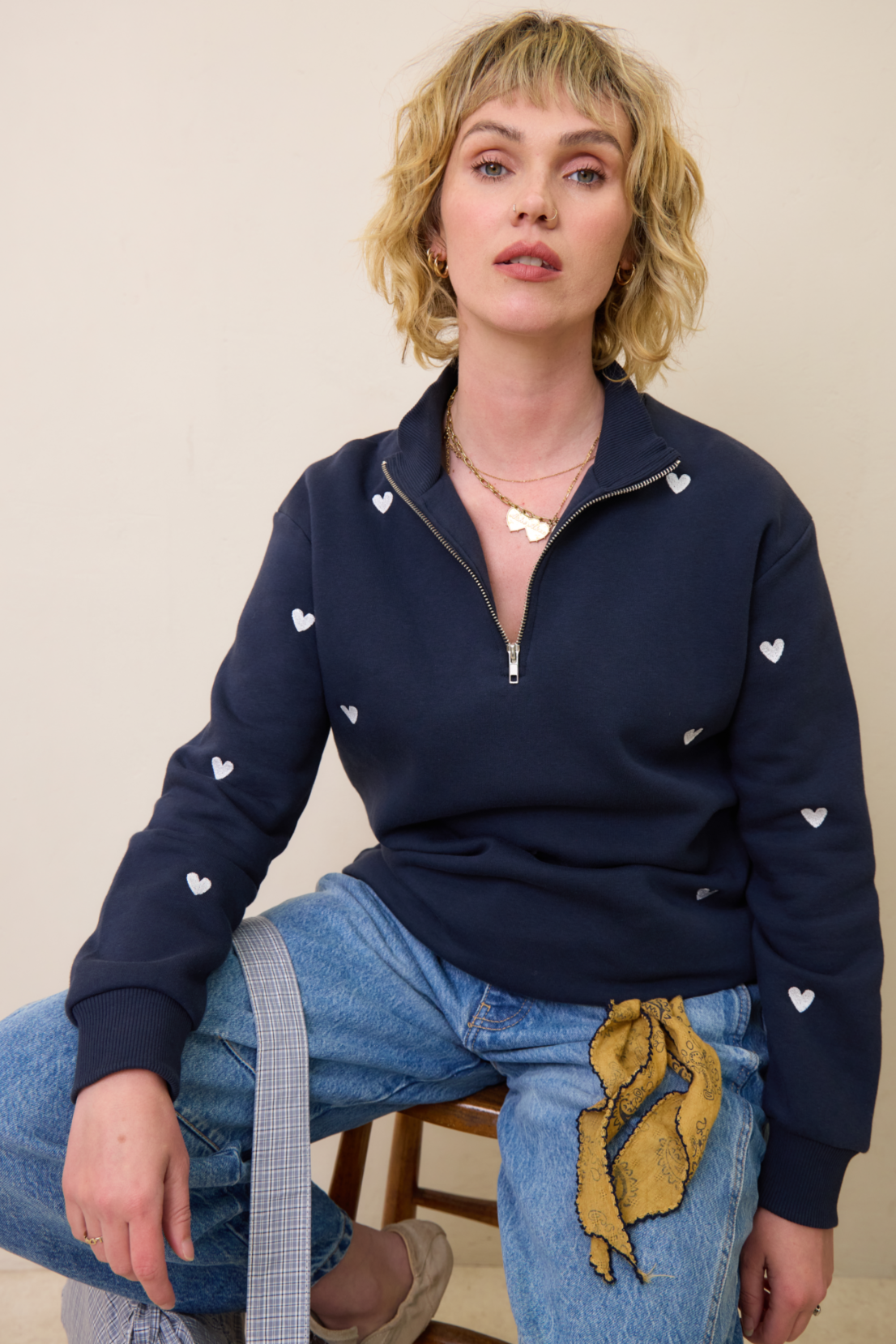 O&F Navy Heart Embroidered Quarter Zip Sweatshirt