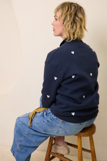 O&F Navy Heart Embroidered Quarter Zip Sweatshirt