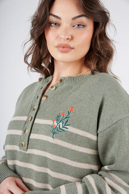 O&F Knitted Henley - Green