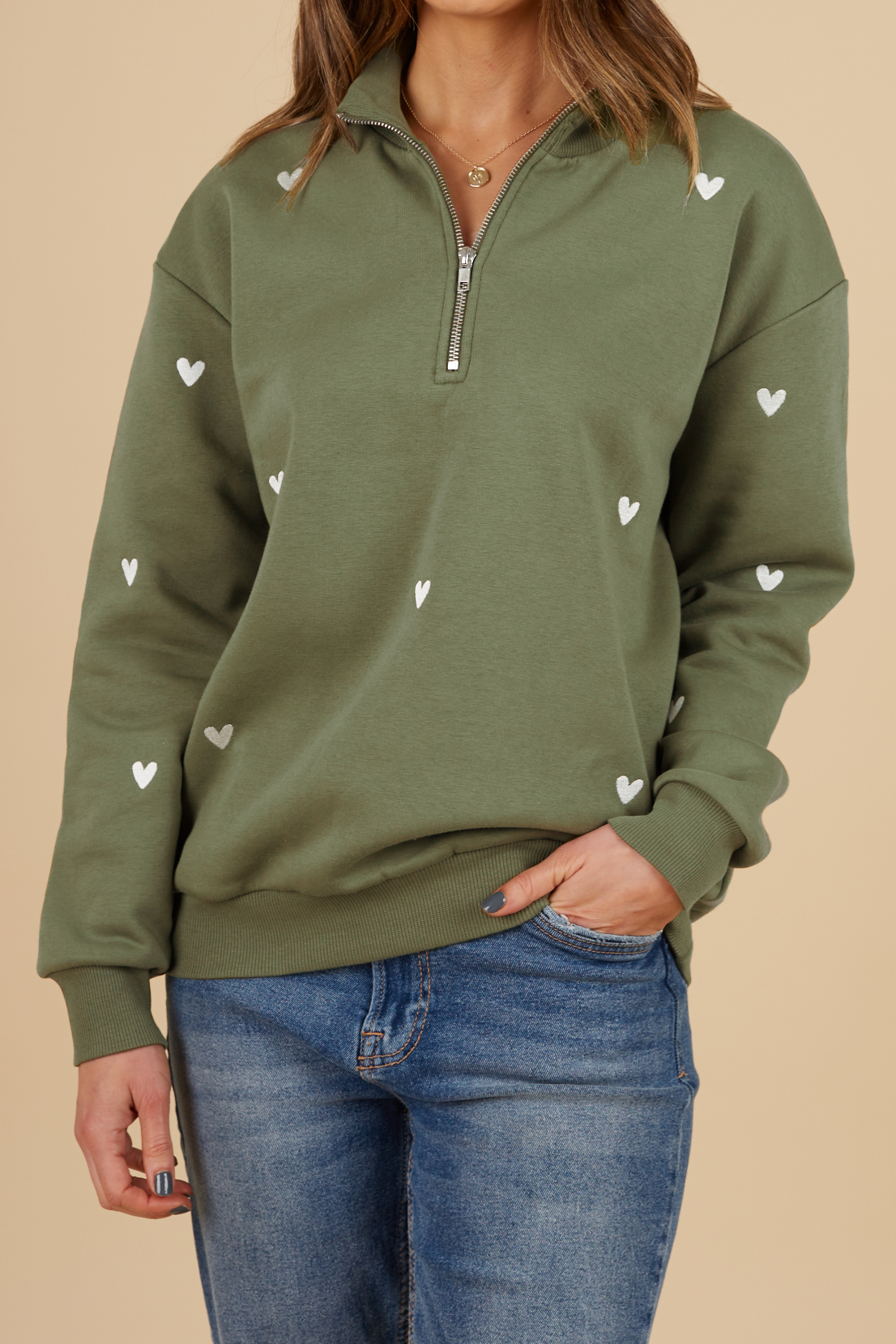 O&F Olive Heart Embroidered Half Zip Sweatshirt