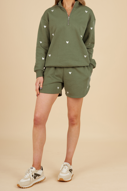 O&F Olive Heart Embroidered Shorts