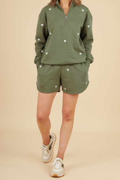 O&F Olive Heart Embroidered Shorts
