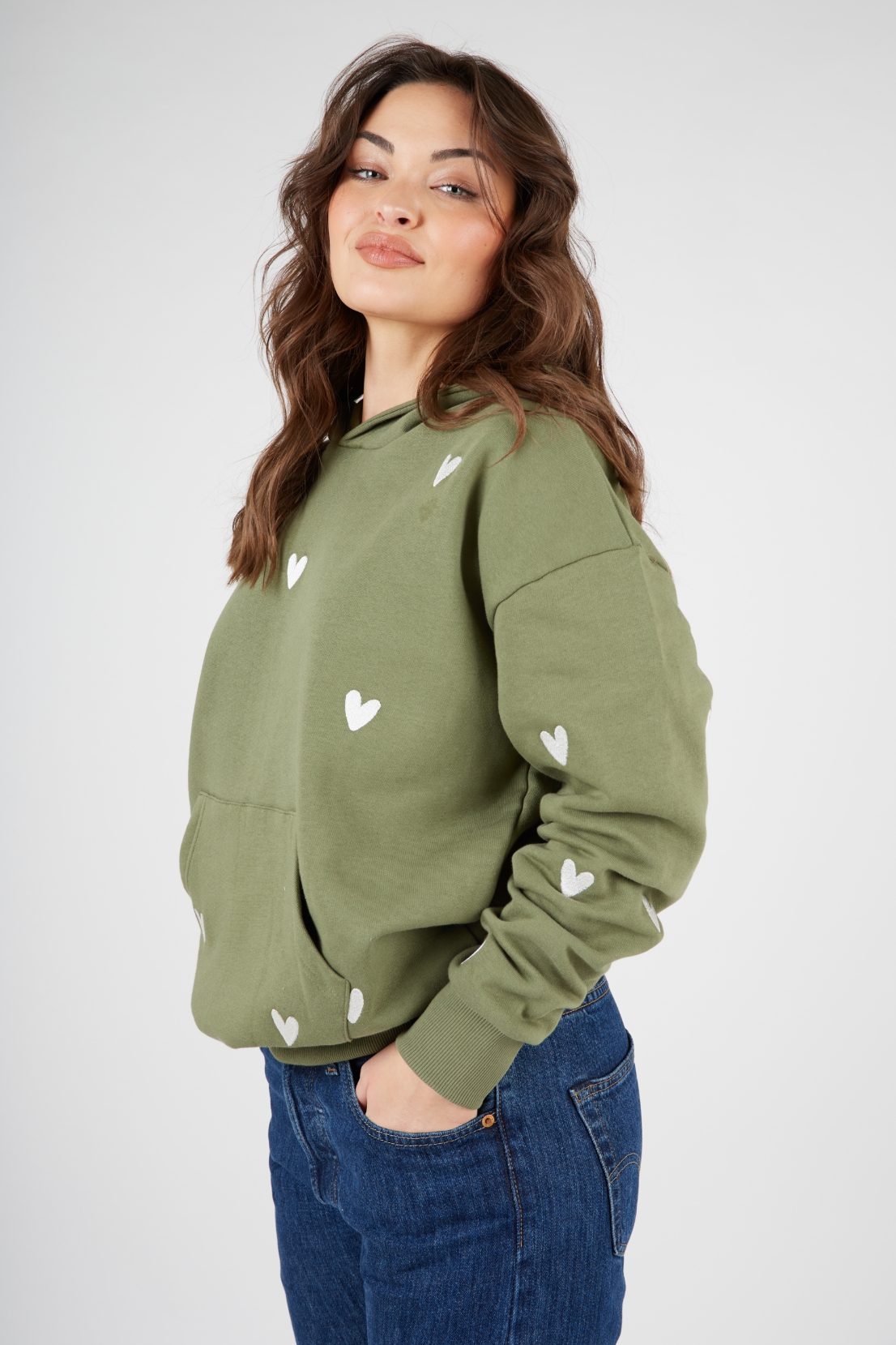 O&F Heart Embroidered Hoodie - Olive